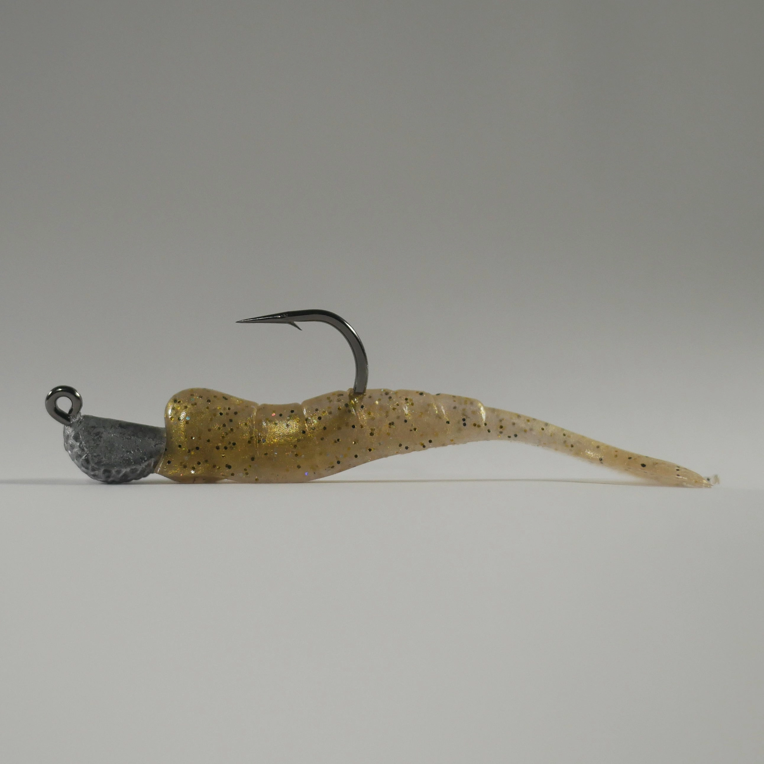 1/4 oz - 2/0 COBRA JIGHEAD (qty 5)   AATB / Esky 3" Soft Plastic Shrimp (qty 25) - GOLD