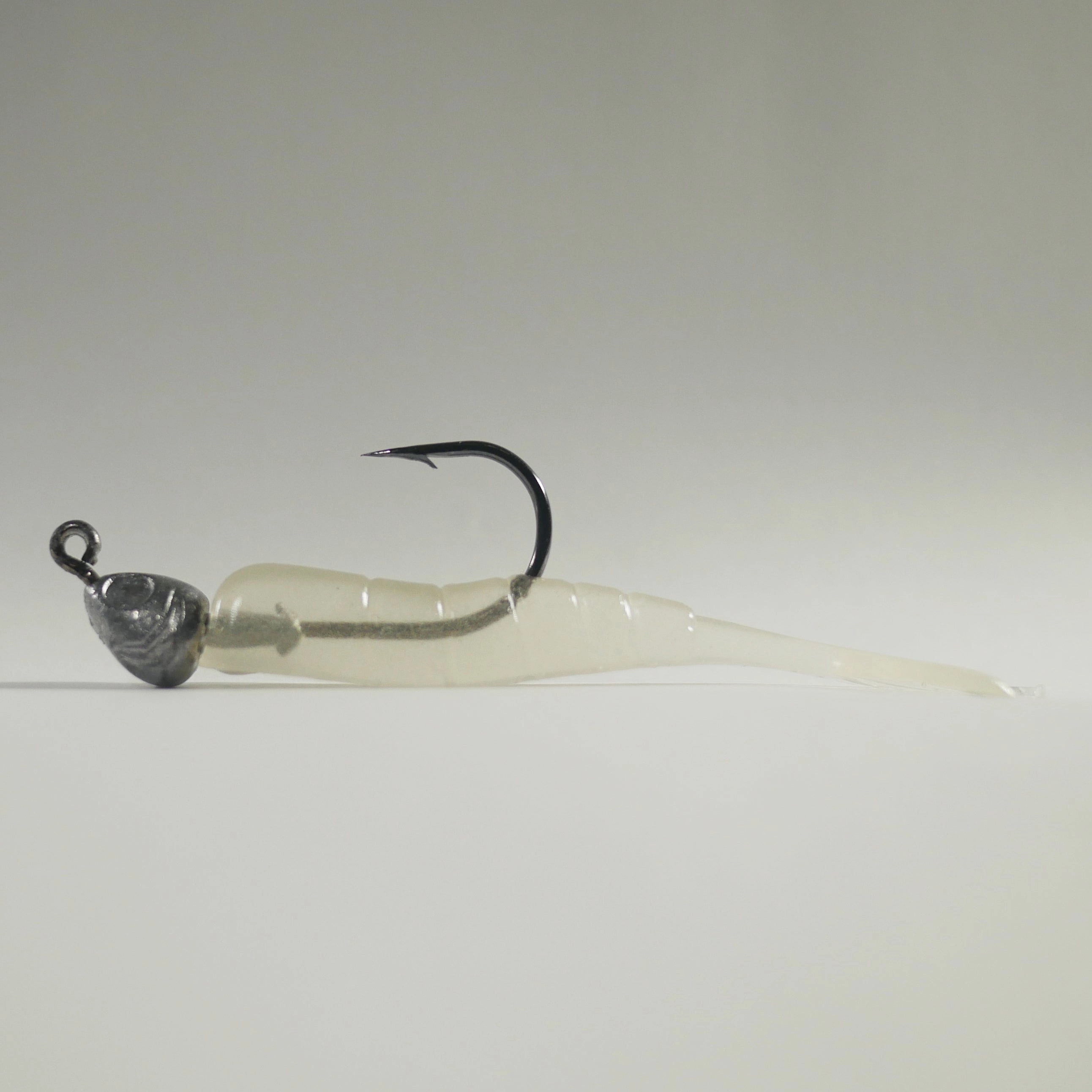 1/4 oz - 3/0 FISH HEAD JIGHEAD (qty 5)   AATB / Esky 3" Soft Plastic Shrimp (qty 25) - GLOW