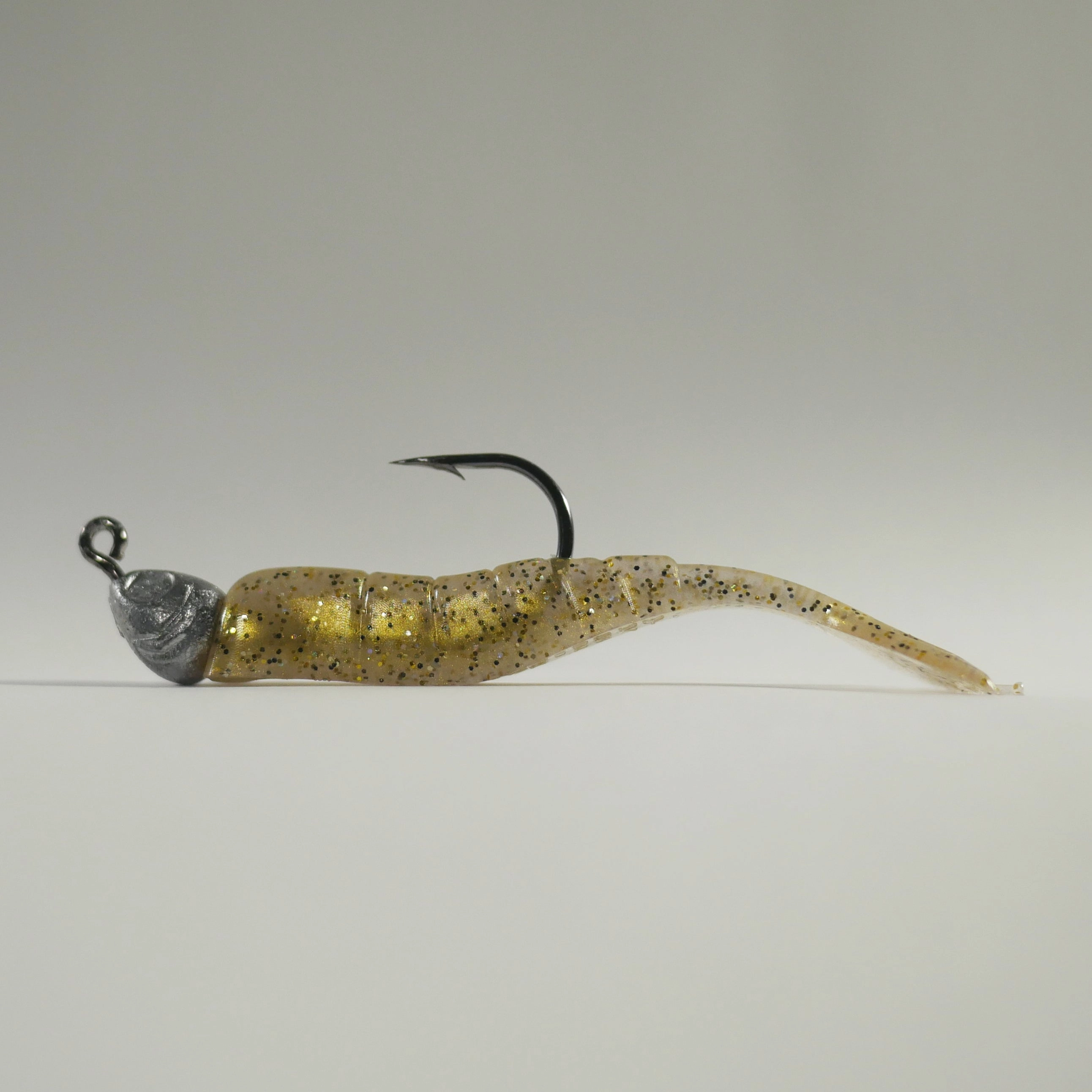 1/4 oz - 3/0 FISH HEAD JIGHEAD (qty 5)   AATB / Esky 3" Soft Plastic Shrimp (qty 25) - GOLD