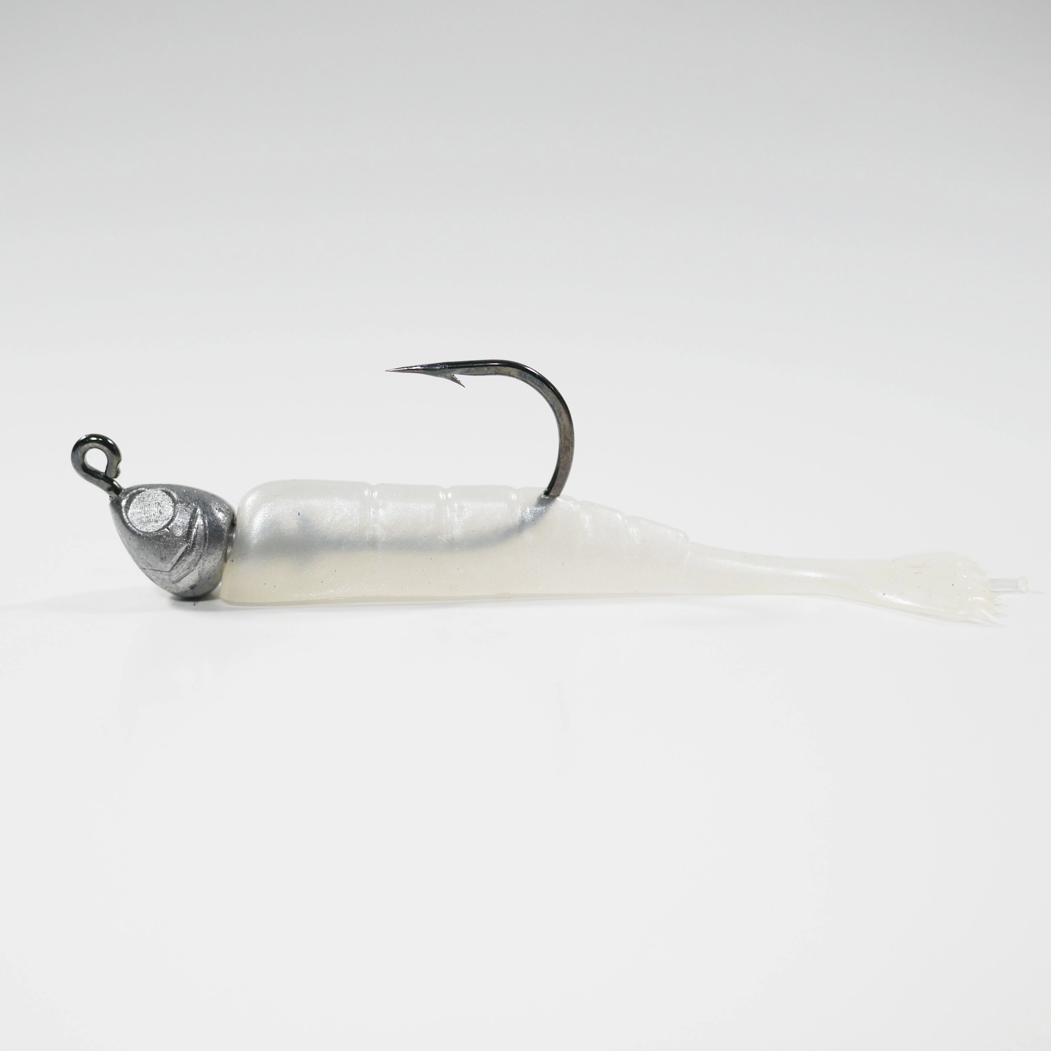 1/4 oz - 3/0 FISH HEAD JIGHEAD (qty 5)   AATB / Esky 3" Soft Plastic Shrimp (qty 25) - PEARL