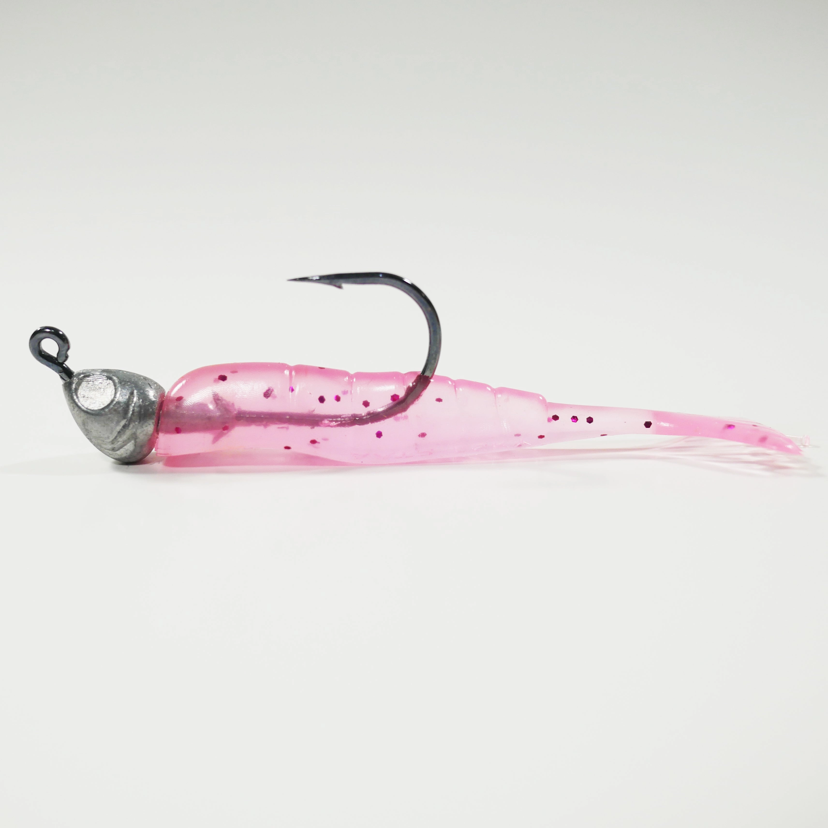 1/4 oz - 3/0 FISH HEAD JIGHEAD (qty 5)   AATB / Esky 3" Soft Plastic Shrimp (qty 25) - PINK