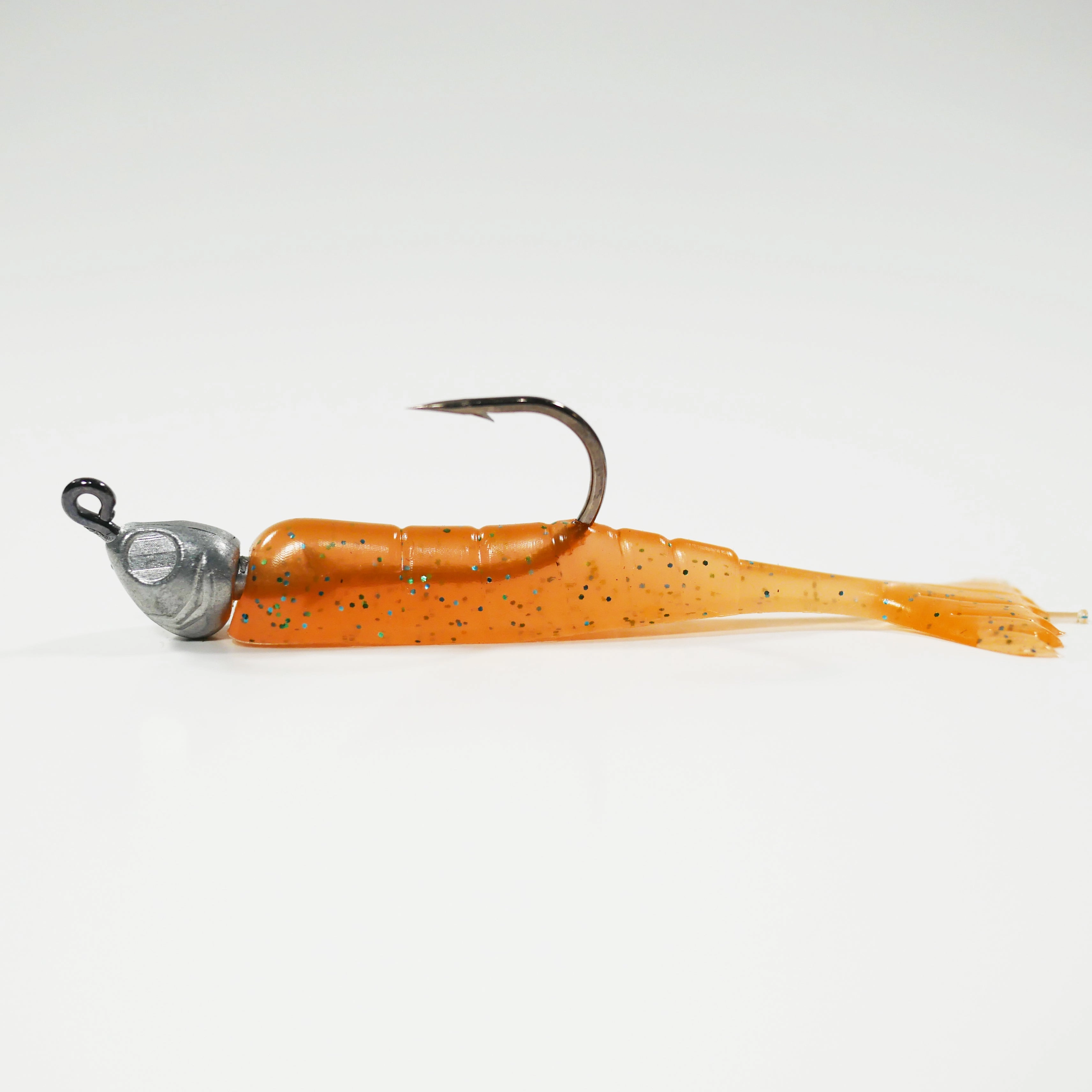 1/4 oz - 3/0 FISH HEAD JIGHEAD (qty 5)   AATB / Esky 3" Soft Plastic Shrimp (qty 25) - PUMPKIN