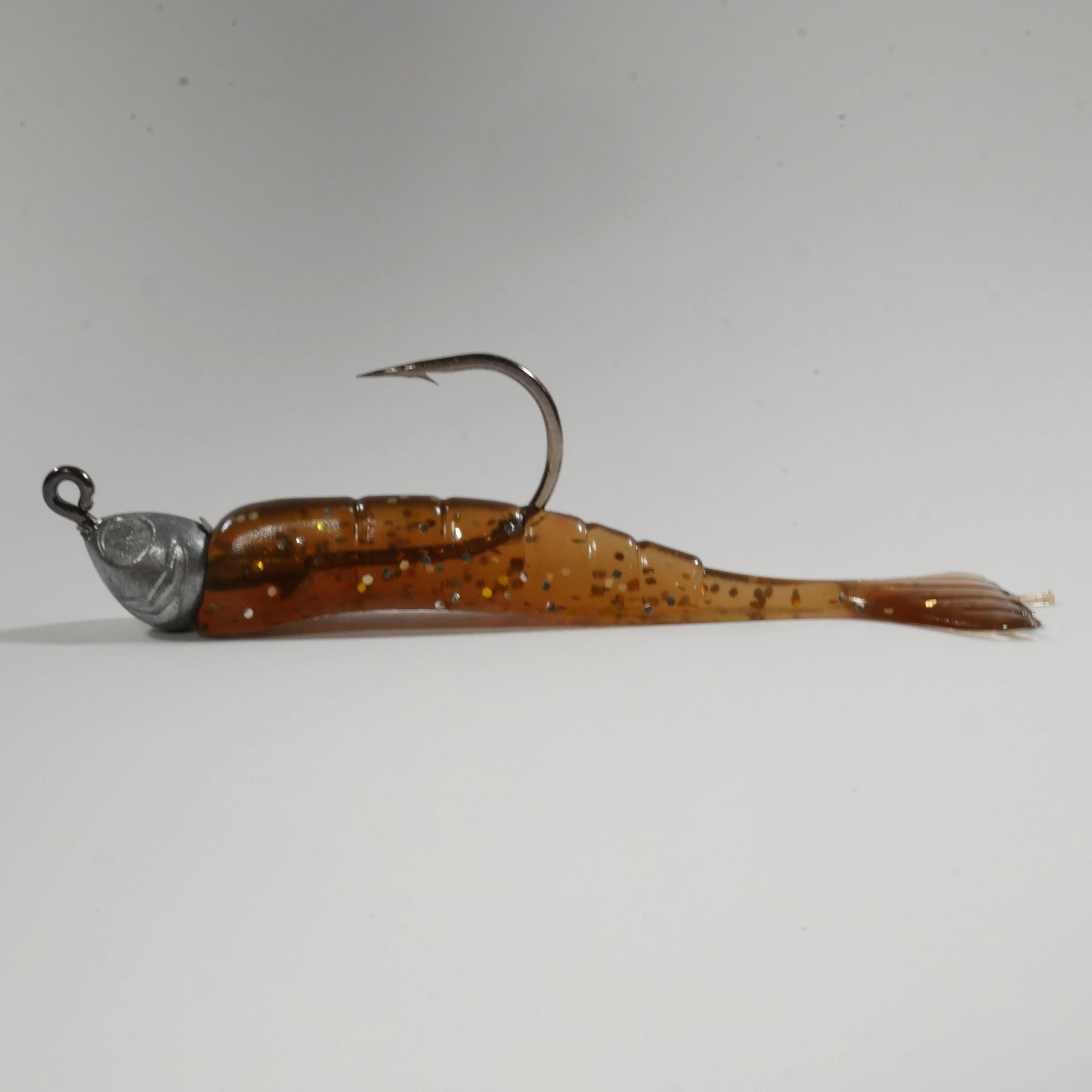 1/4 oz - 3/0 FISH HEAD JIGHEAD (qty 5)   AATB / Esky 3" Soft Plastic Shrimp (qty 25) - ROOTBEER