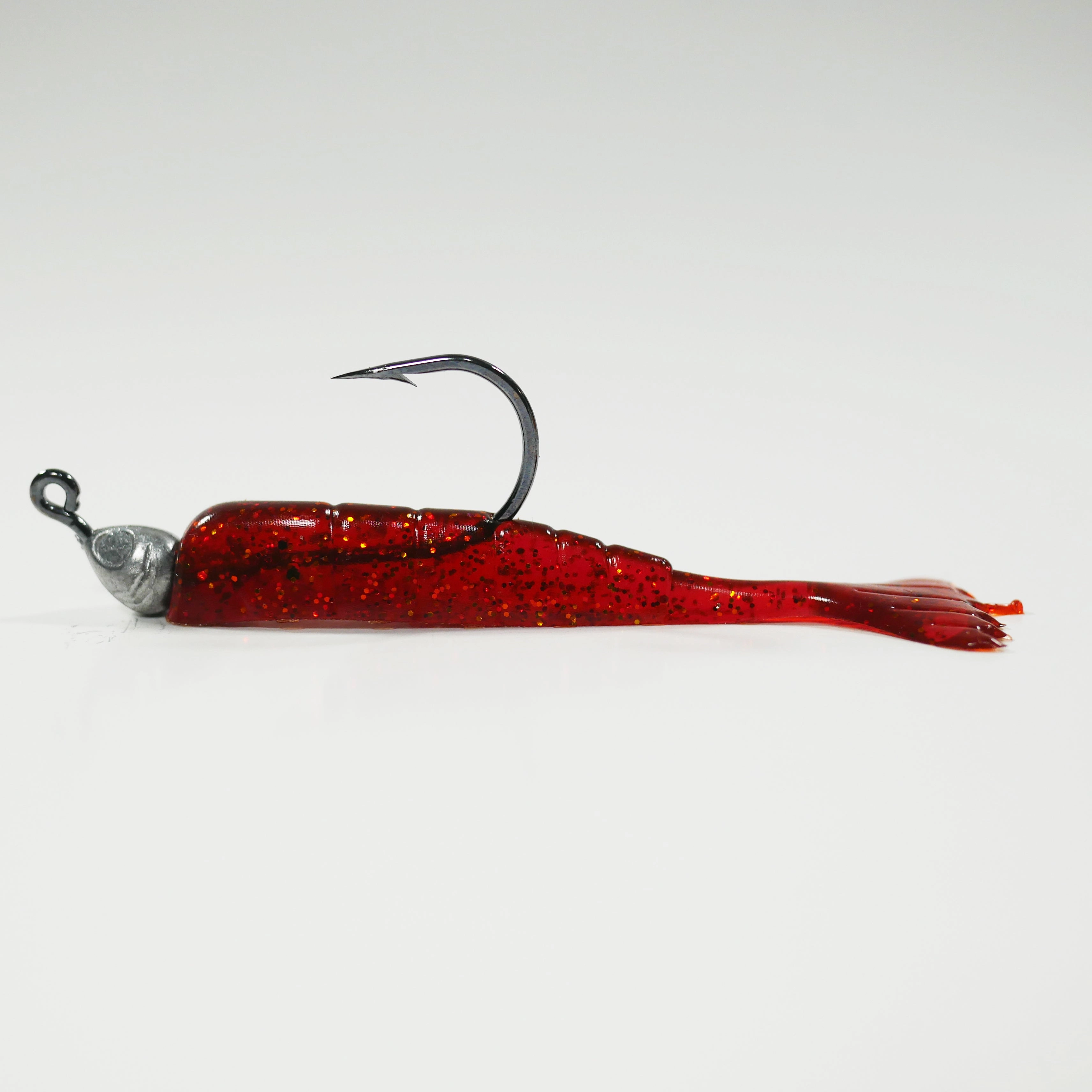 1/8 oz - 3/0 FISH HEAD JIGHEAD (qty 5)   AATB / Esky 3" Soft Plastic Shrimp (qty 25) - CHERRRY COLA