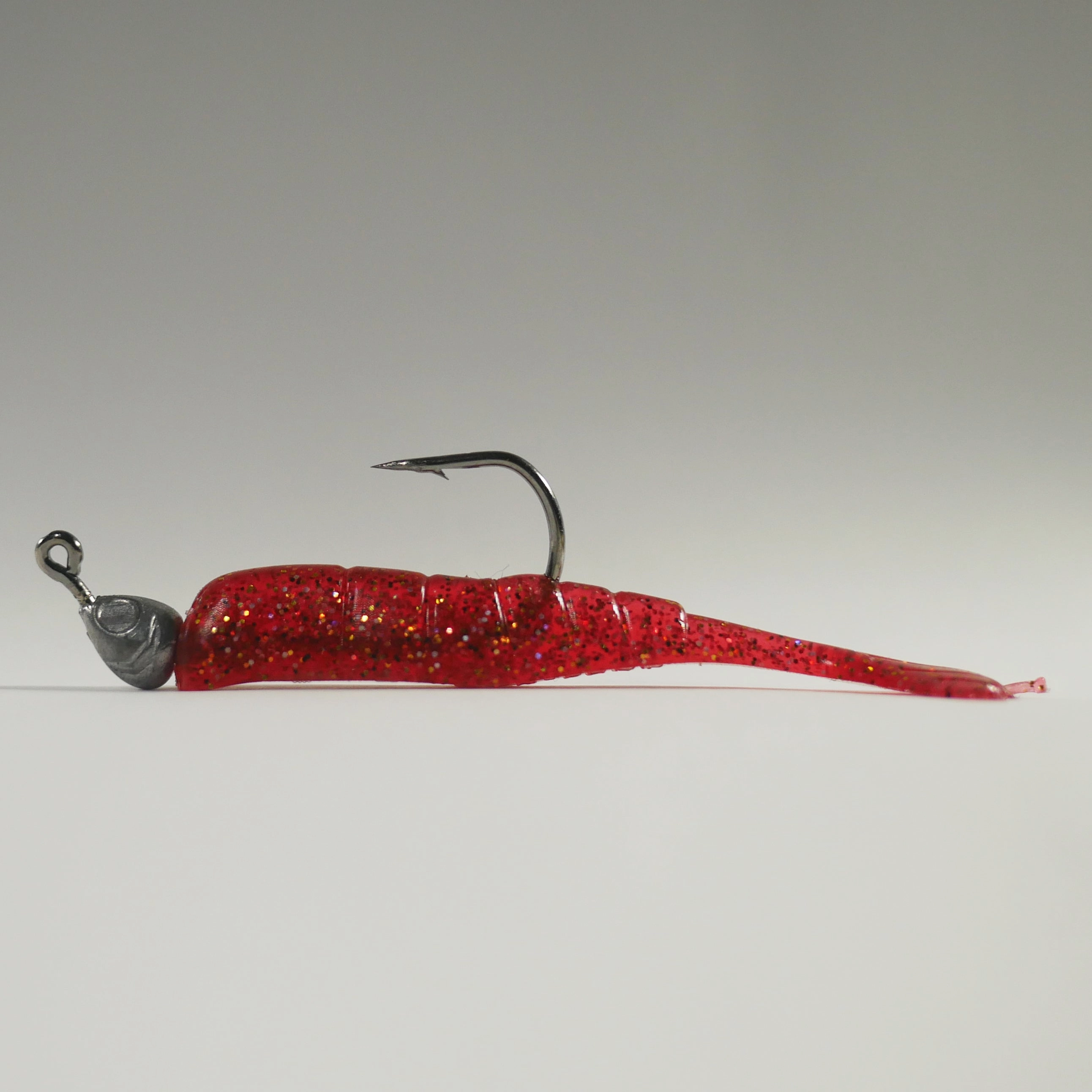1/8 oz - 3/0 FISH HEAD JIGHEAD (qty 5)   AATB / Esky 3" Soft Plastic Shrimp (qty 25) - CRANBERRY