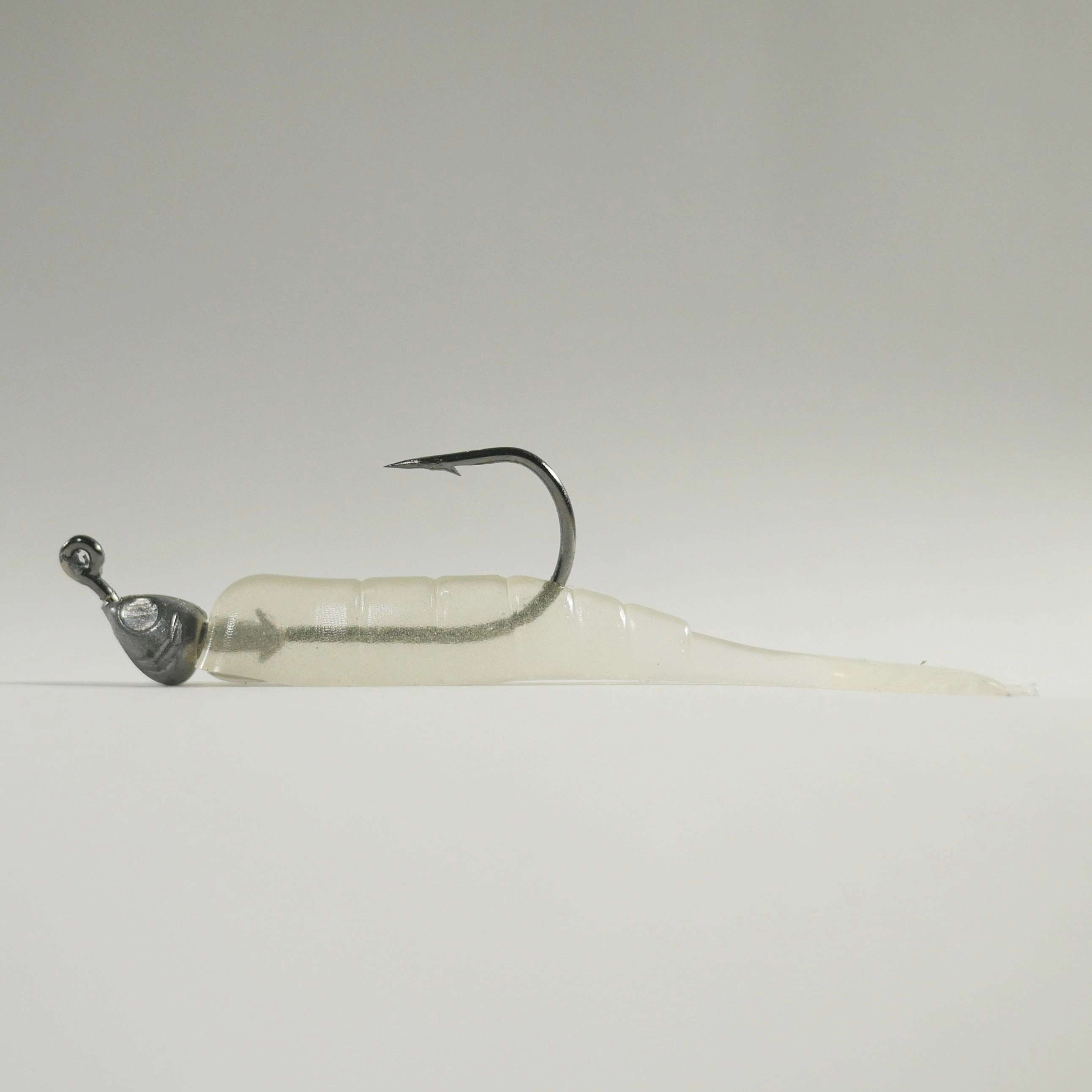 1/8 oz - 3/0 FISH HEAD JIGHEAD (qty 5)   AATB / Esky 3" Soft Plastic Shrimp (qty 25) - GLOW