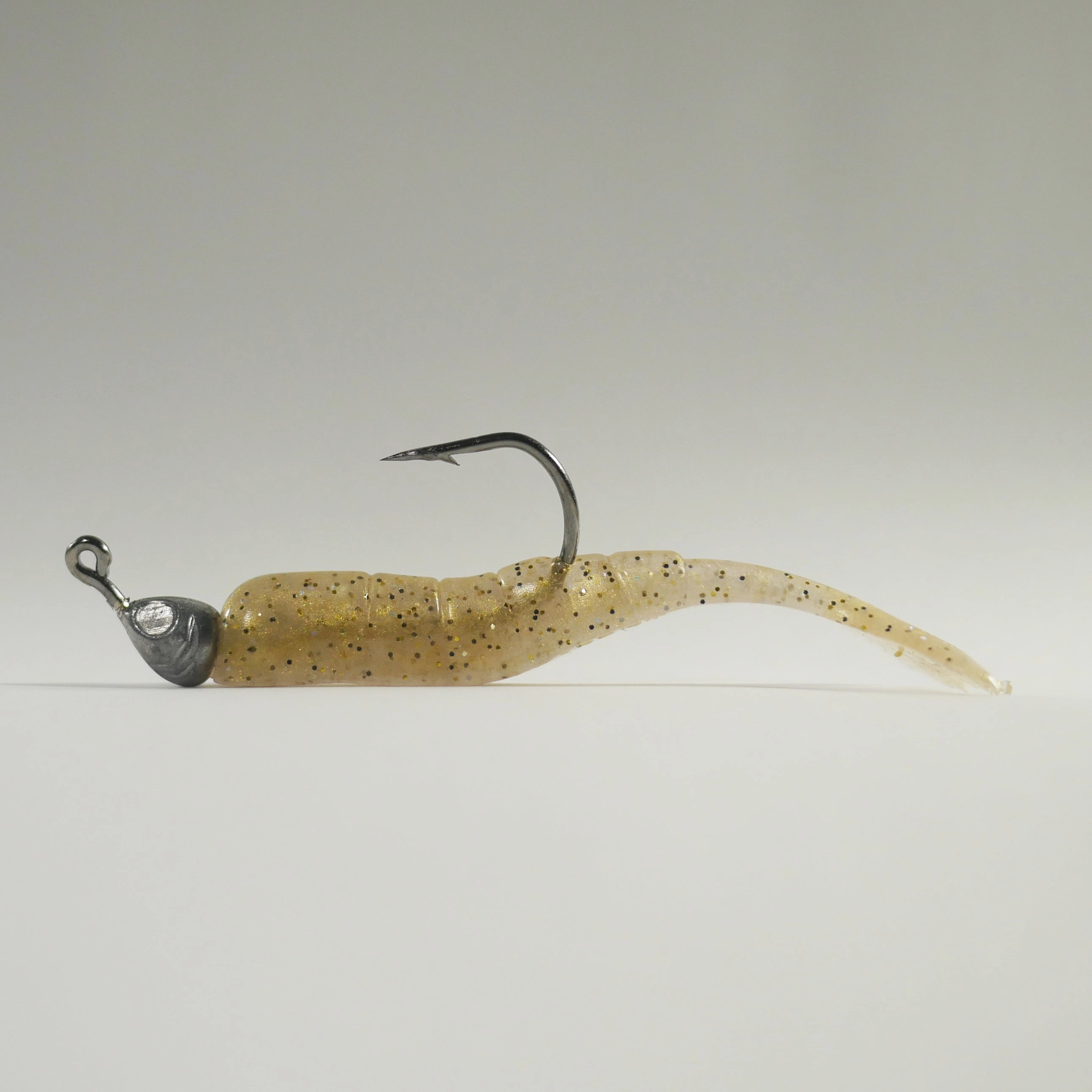 1/8 oz - 3/0 FISH HEAD JIGHEAD (qty 5)   AATB / Esky 3" Soft Plastic Shrimp (qty 25) - GOLD
