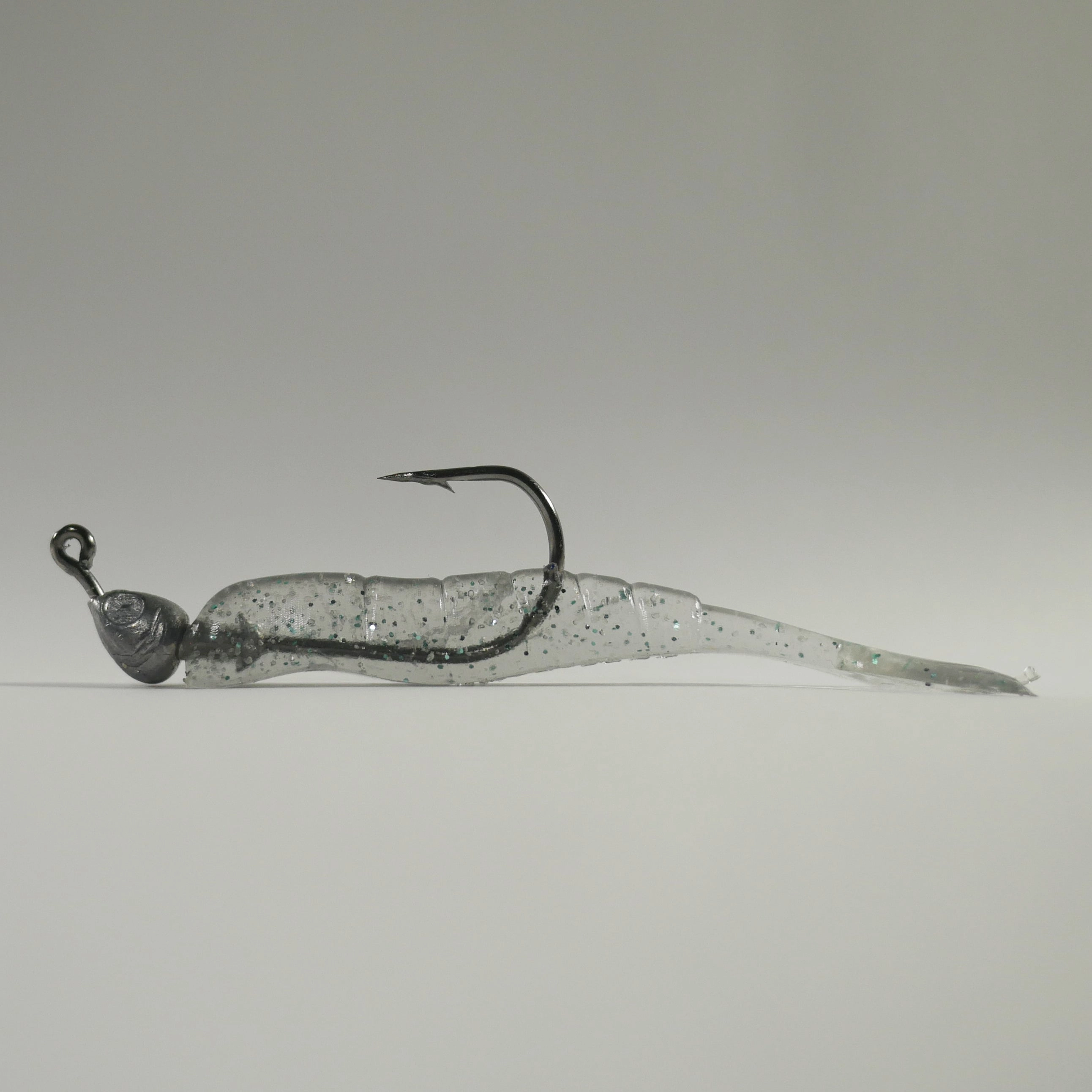 1/8 oz - 3/0 FISH HEAD JIGHEAD (qty 5)   AATB / Esky 3" Soft Plastic Shrimp (qty 25) - NATURAL GRAY