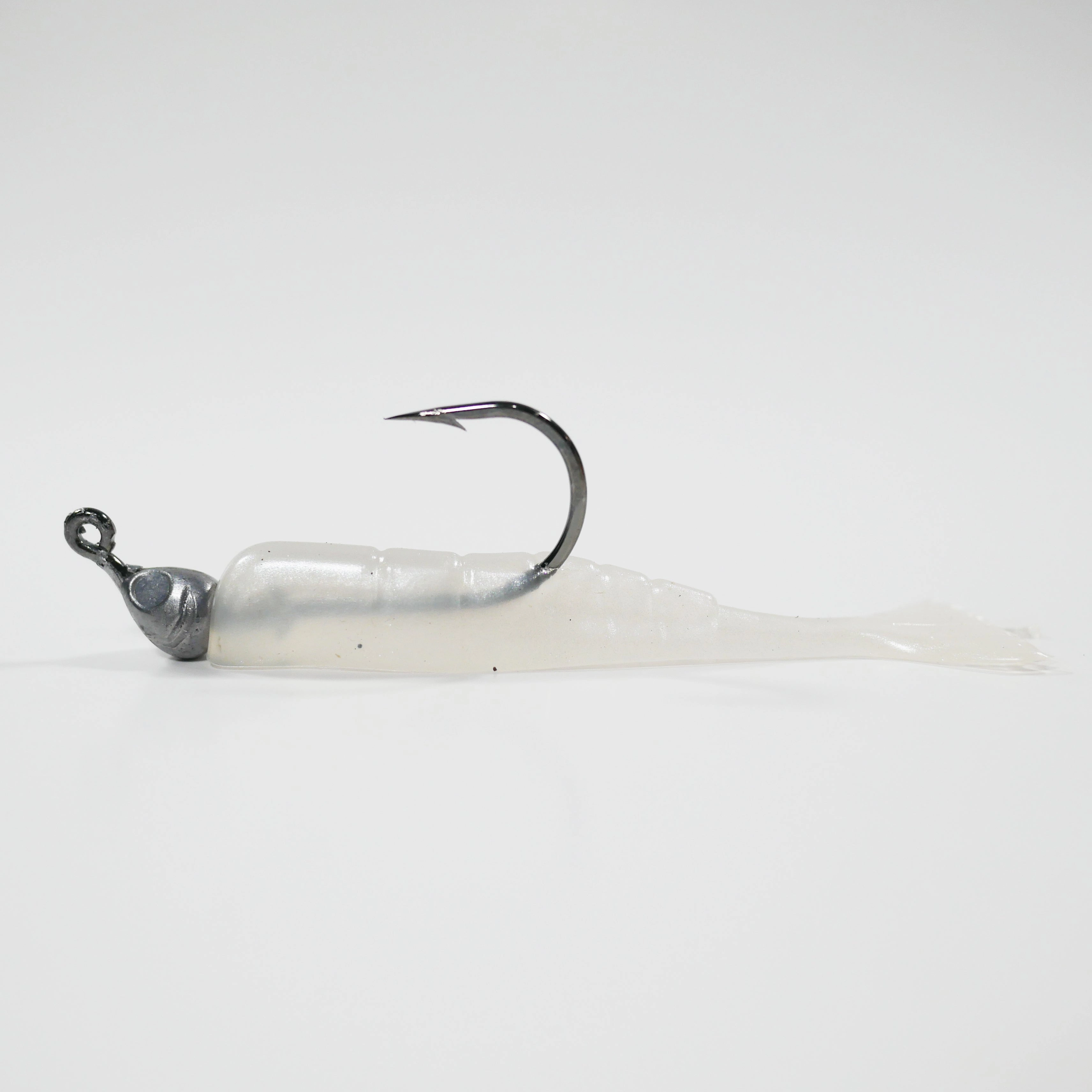1/8 oz - 3/0 FISH HEAD JIGHEAD (qty 5)   AATB / Esky 3" Soft Plastic Shrimp (qty 25) - PEARL