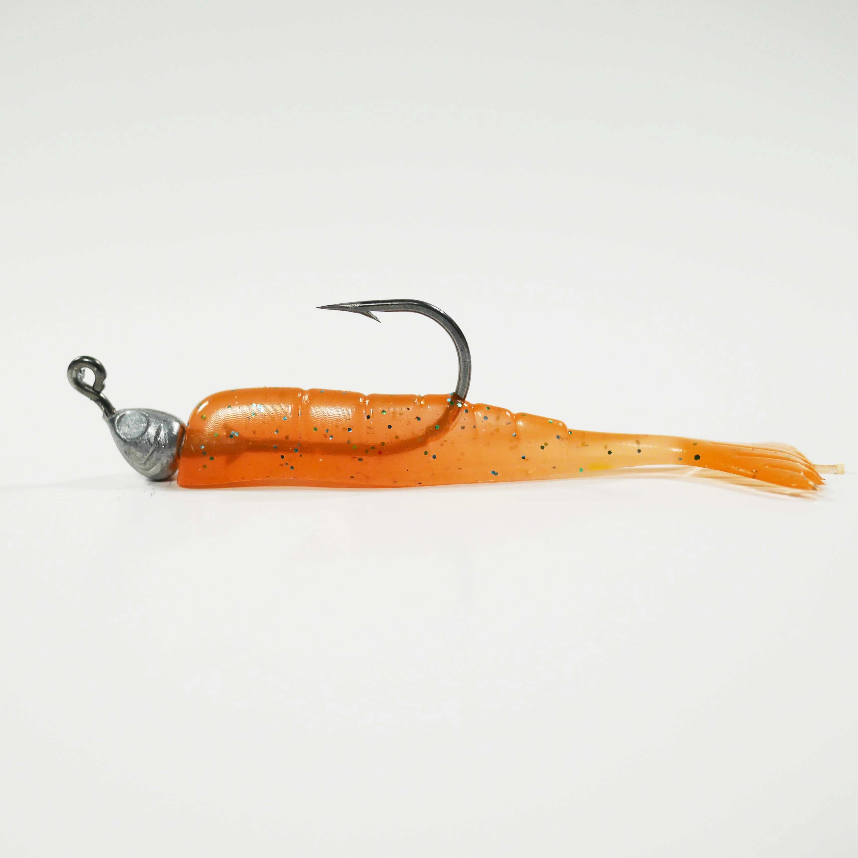 1/8 oz - 3/0 FISH HEAD JIGHEAD (qty 5)   AATB / Esky 3" Soft Plastic Shrimp (qty 25) - PUMPKIN