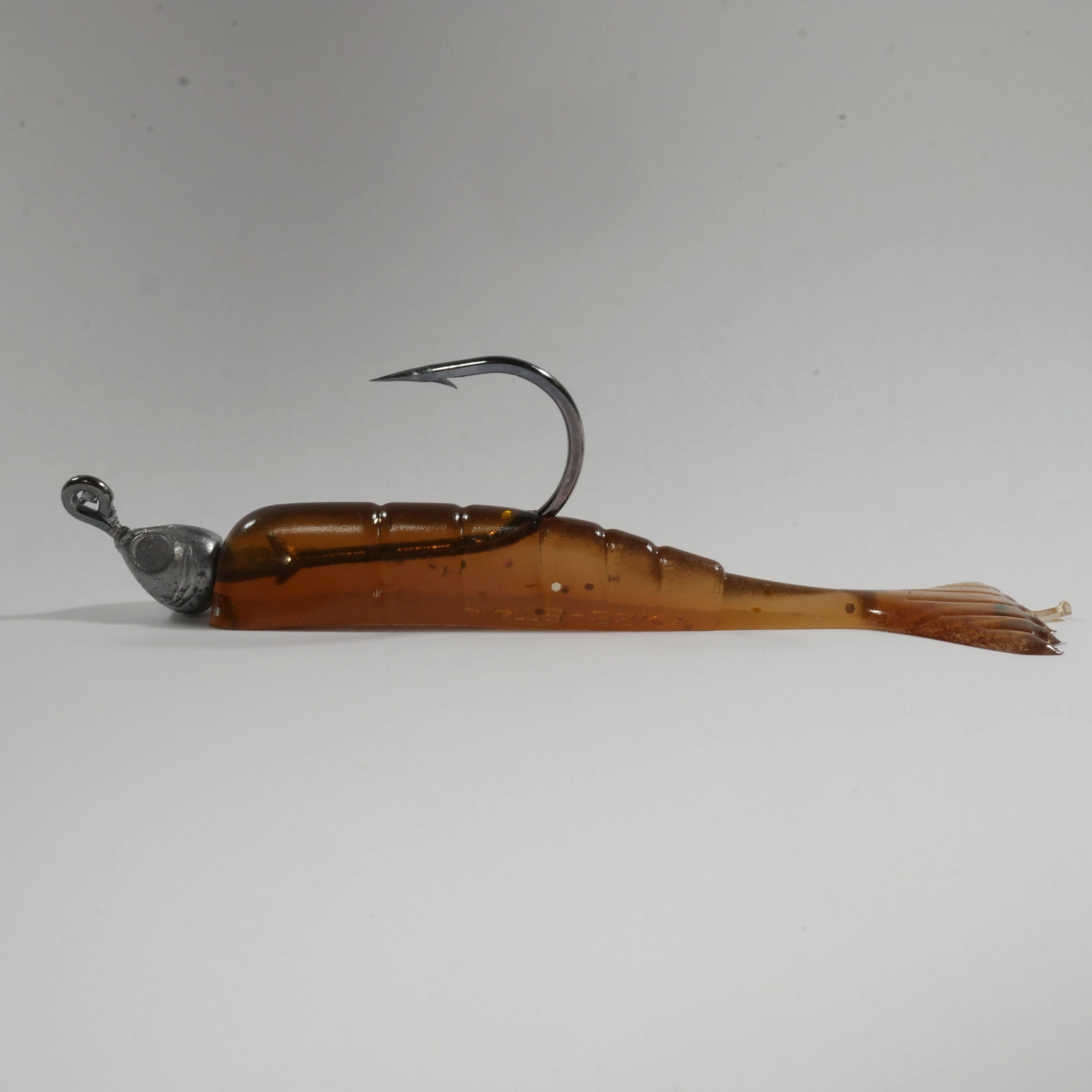 1/8 oz - 3/0 FISH HEAD JIGHEAD (qty 5)   AATB / Esky 3" Soft Plastic Shrimp (qty 25) - ROOTBEER