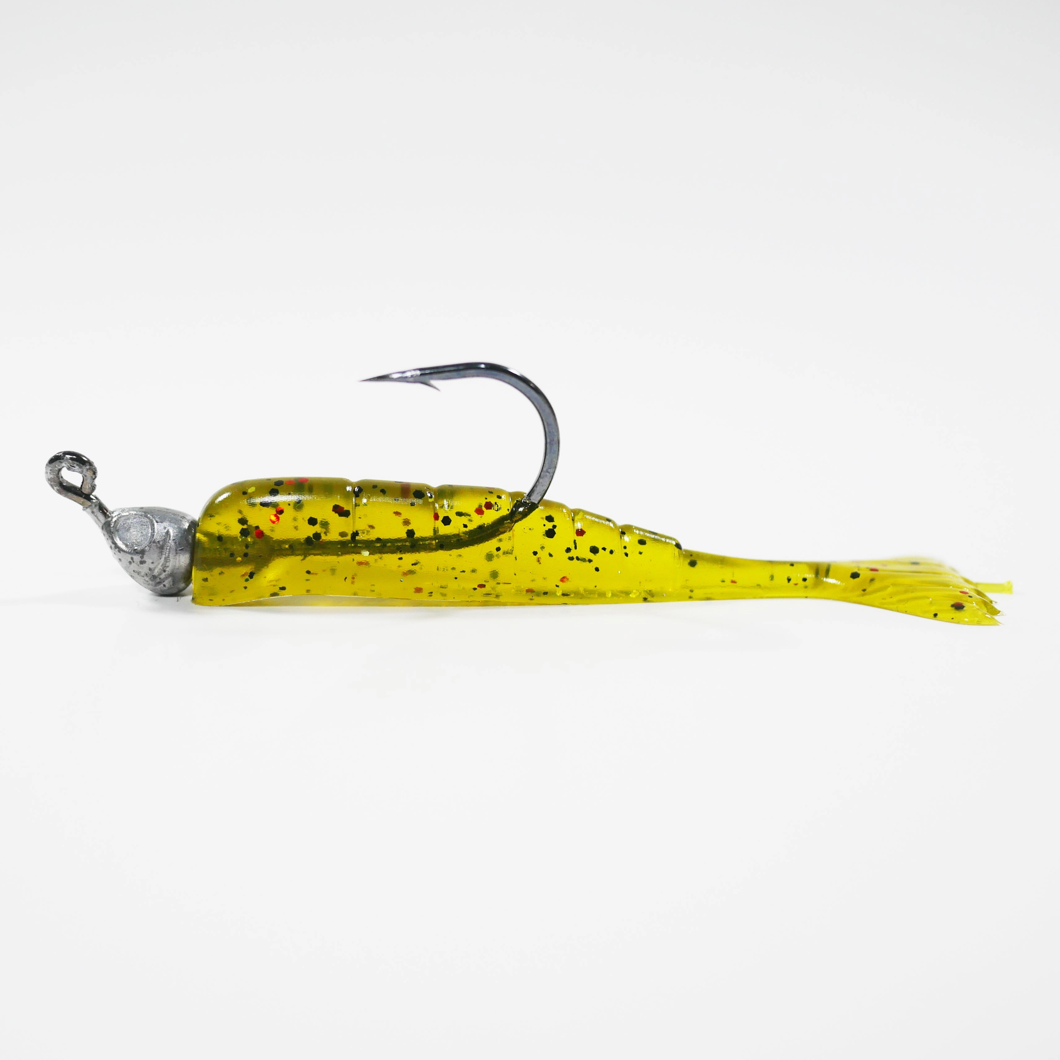 1/8 oz - 3/0 FISH HEAD JIGHEAD (qty 5)   AATB / Esky 3" Soft Plastic Shrimp (qty 25) - WATERMELON