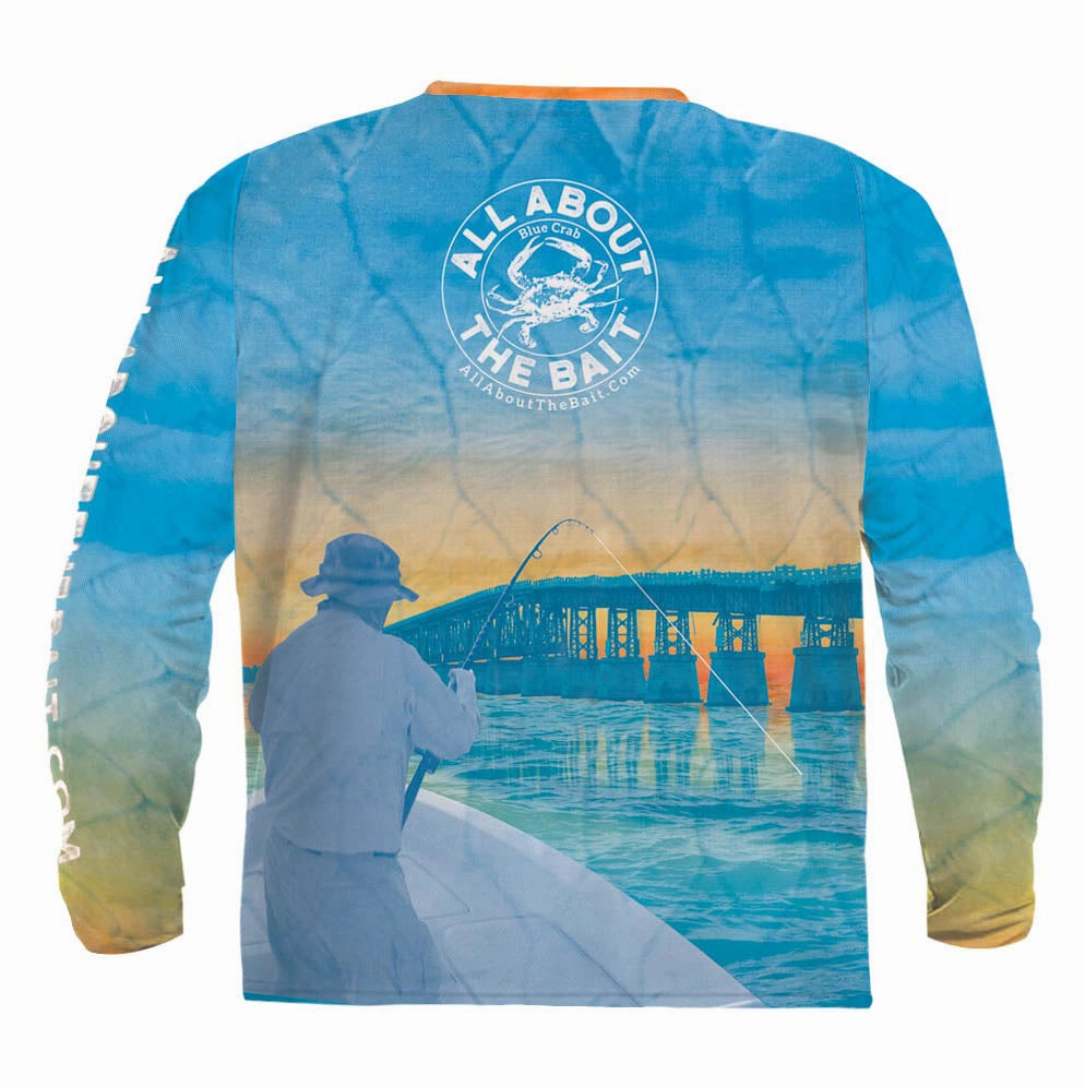 (  FREE TARPON OR BLUE CRAB FACE MASK) - BAHIA HONDA BRIDGE TARPON ft. BLUE CRAB - COOLMAX - 100% Micro Fiber Polyester Performance Long Sleeve Shirt