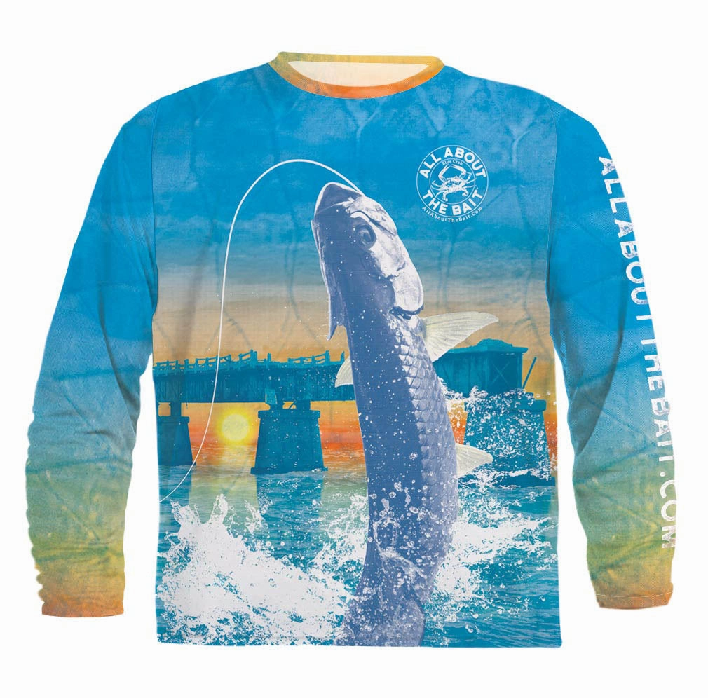 (  FREE TARPON OR BLUE CRAB FACE MASK) - BAHIA HONDA BRIDGE TARPON ft. BLUE CRAB - COOLMAX - 100% Micro Fiber Polyester Performance Long Sleeve Shirt