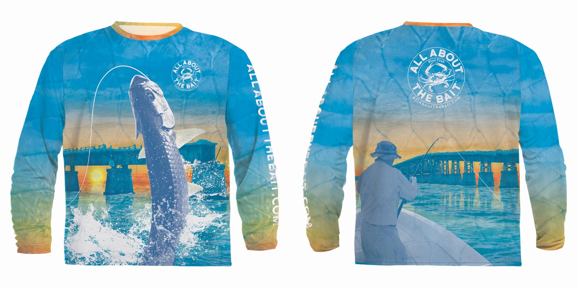 (  FREE TARPON OR BLUE CRAB FACE MASK) - BAHIA HONDA BRIDGE TARPON ft. BLUE CRAB - COOLMAX - 100% Micro Fiber Polyester Performance Long Sleeve Shirt