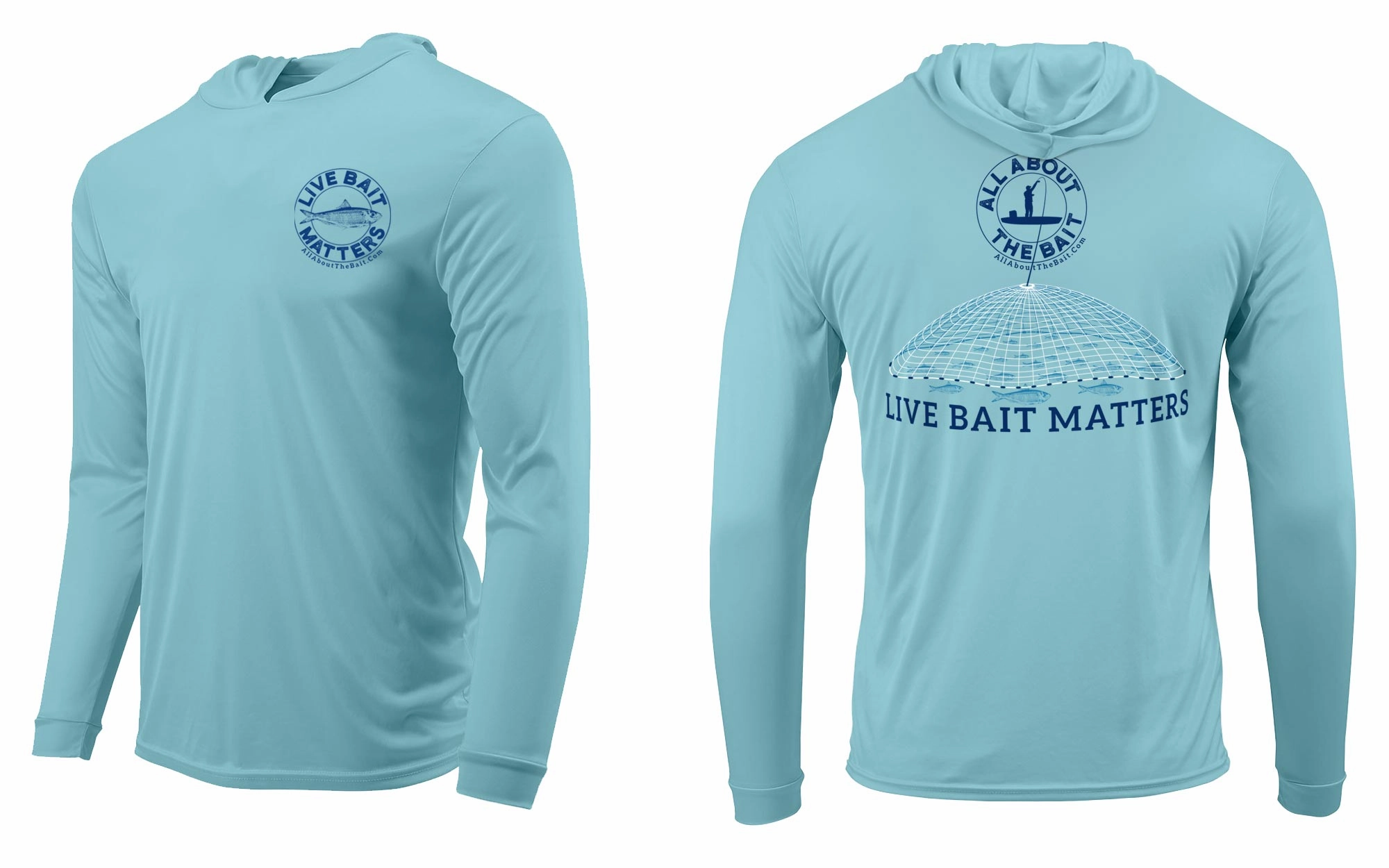 (FREE MASK) LIVE BAIT MATTERS HOODED - Aqua Blue - 50  UPF - Long Sleeve Performance Shirt - 100% Polyester - FREE DELIVERY
