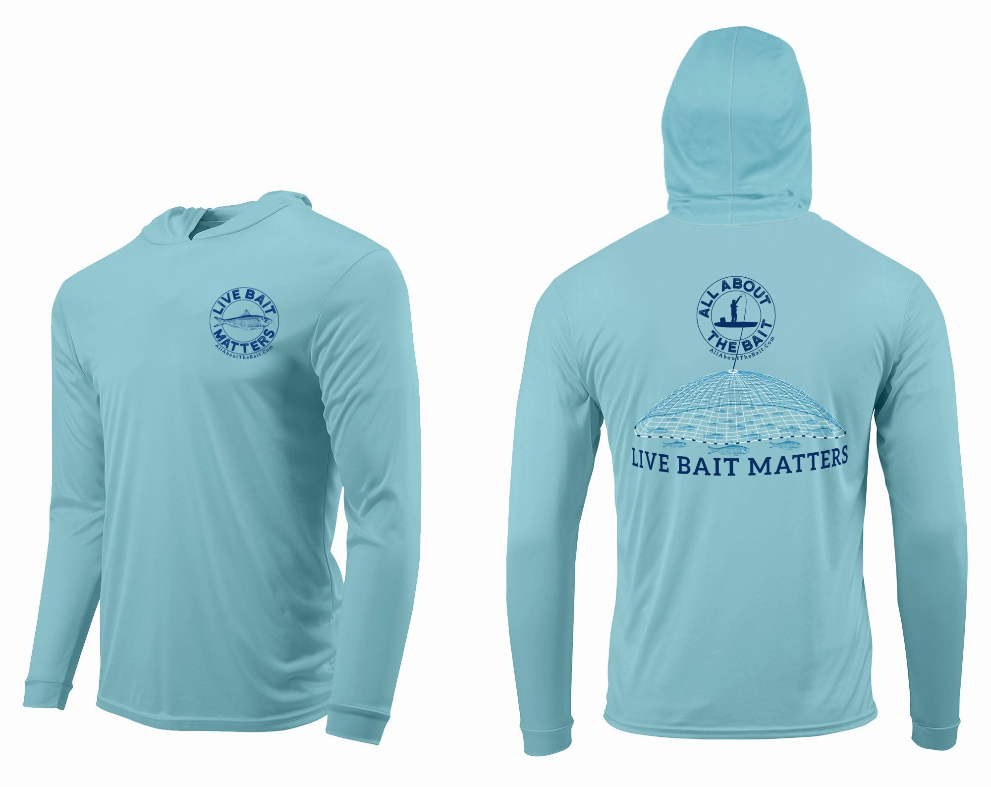 (FREE MASK) LIVE BAIT MATTERS HOODED - Aqua Blue - 50  UPF - Long Sleeve Performance Shirt - 100% Polyester - FREE DELIVERY