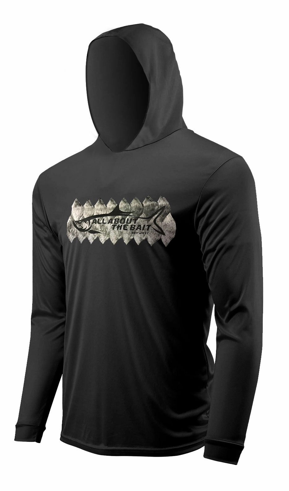 (FREE MASK) TARPON SCALES HOODED - Black - 50  UPF - Long Sleeve Performance Shirt - 100% Polyester - FREE DELIVERY