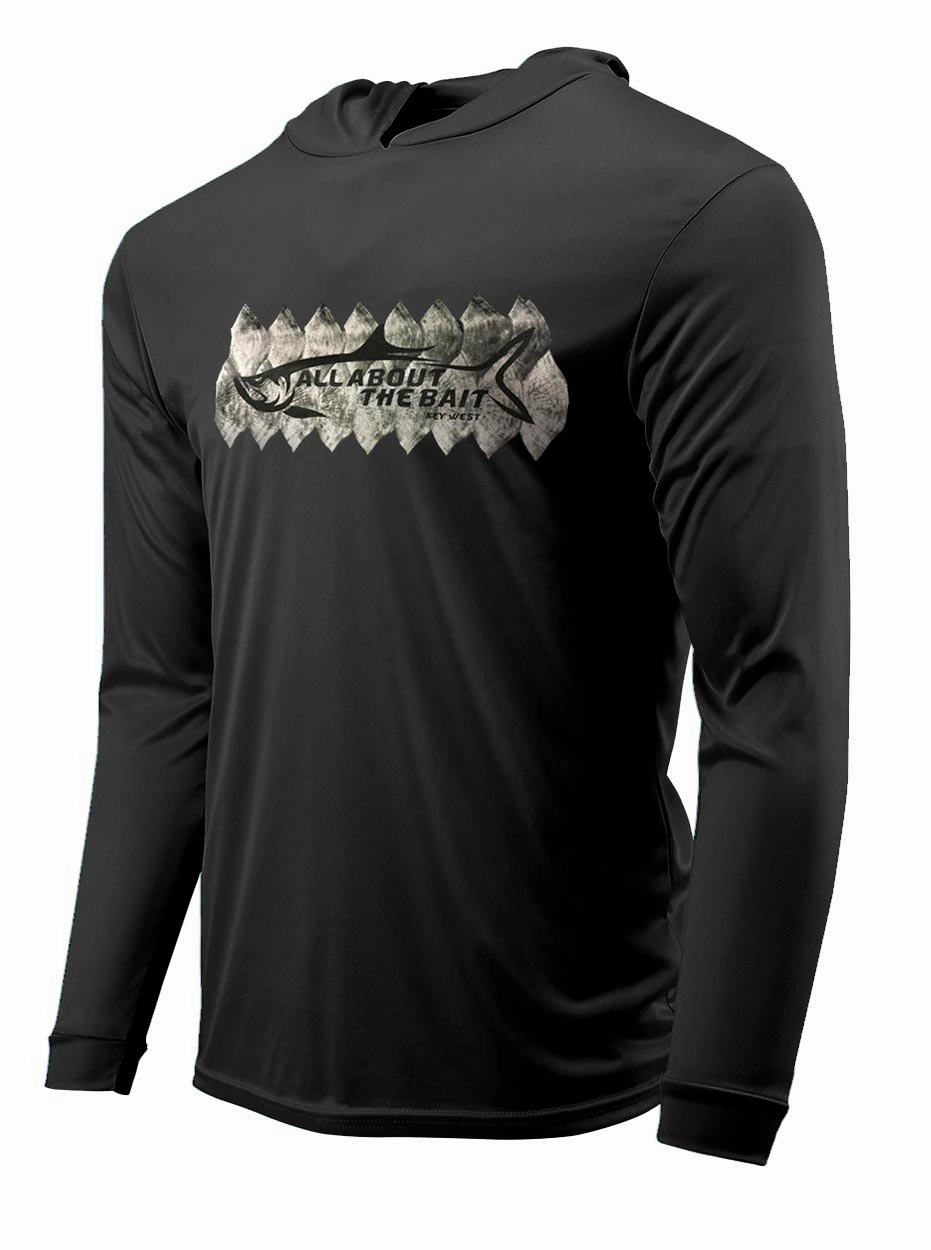 (FREE MASK) TARPON SCALES HOODED - Black - 50  UPF - Long Sleeve Performance Shirt - 100% Polyester - FREE DELIVERY