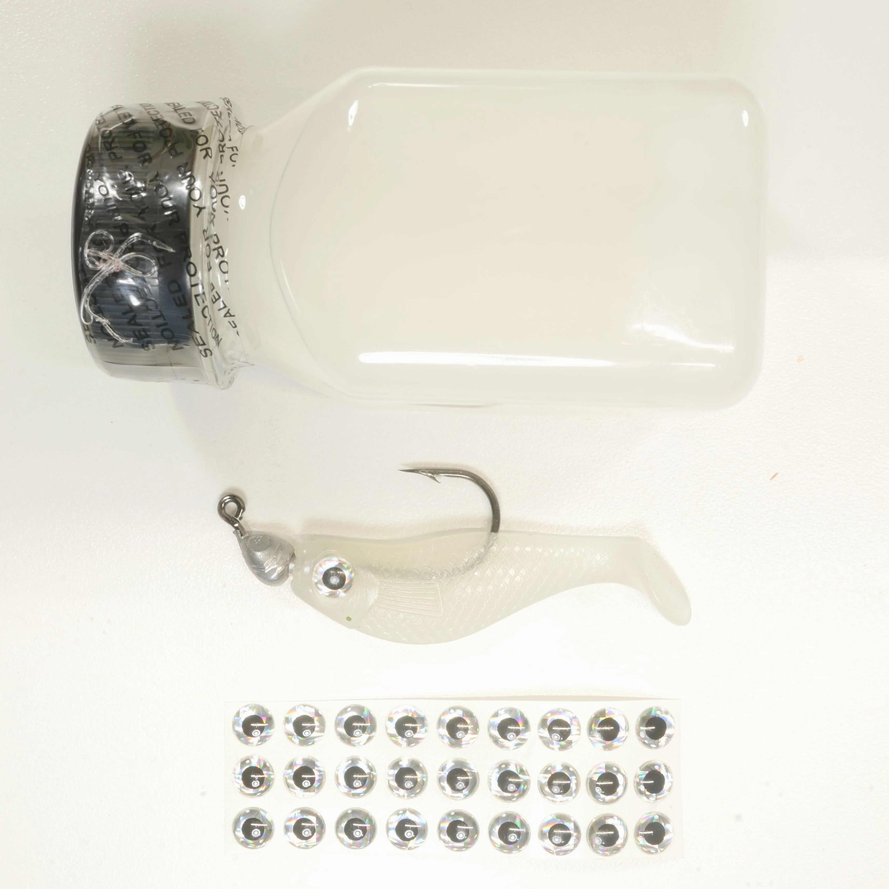 NEW (GLOW) 2 5/8" Paddletail Soft Plastic (qty 20 or 40)   AATB Jighead (qty 5 or 10)   Eye Pack   Eye Dip - COMBO PACK .  FREE SHIPPING.