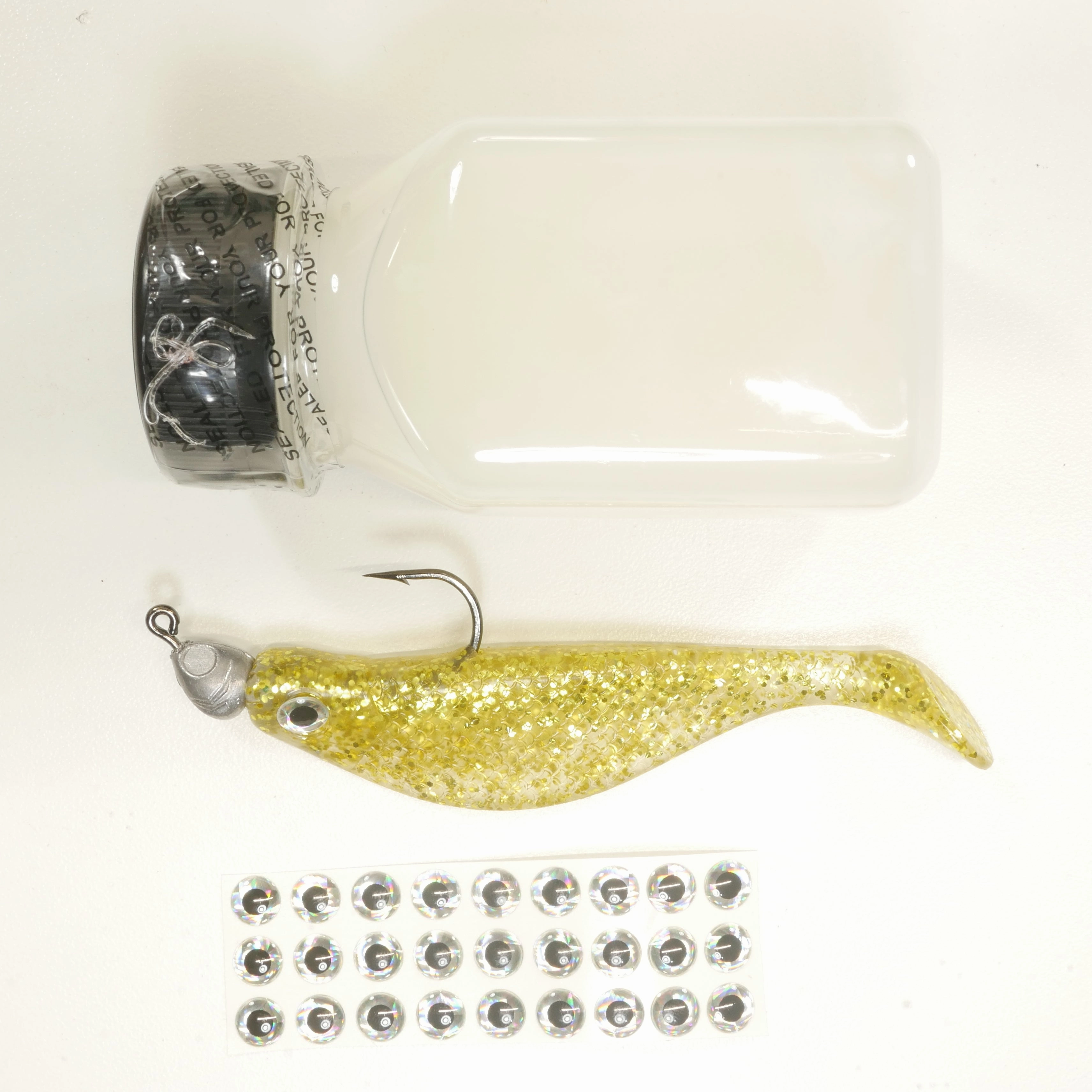 NEW (GOLD) 4" Paddletail Soft Plastic (qty 20 or 40)   AATB Jighead (qty 5 or 10)   Eye Pack   Eye Dip - COMBO PACK .  FREE SHIPPING.