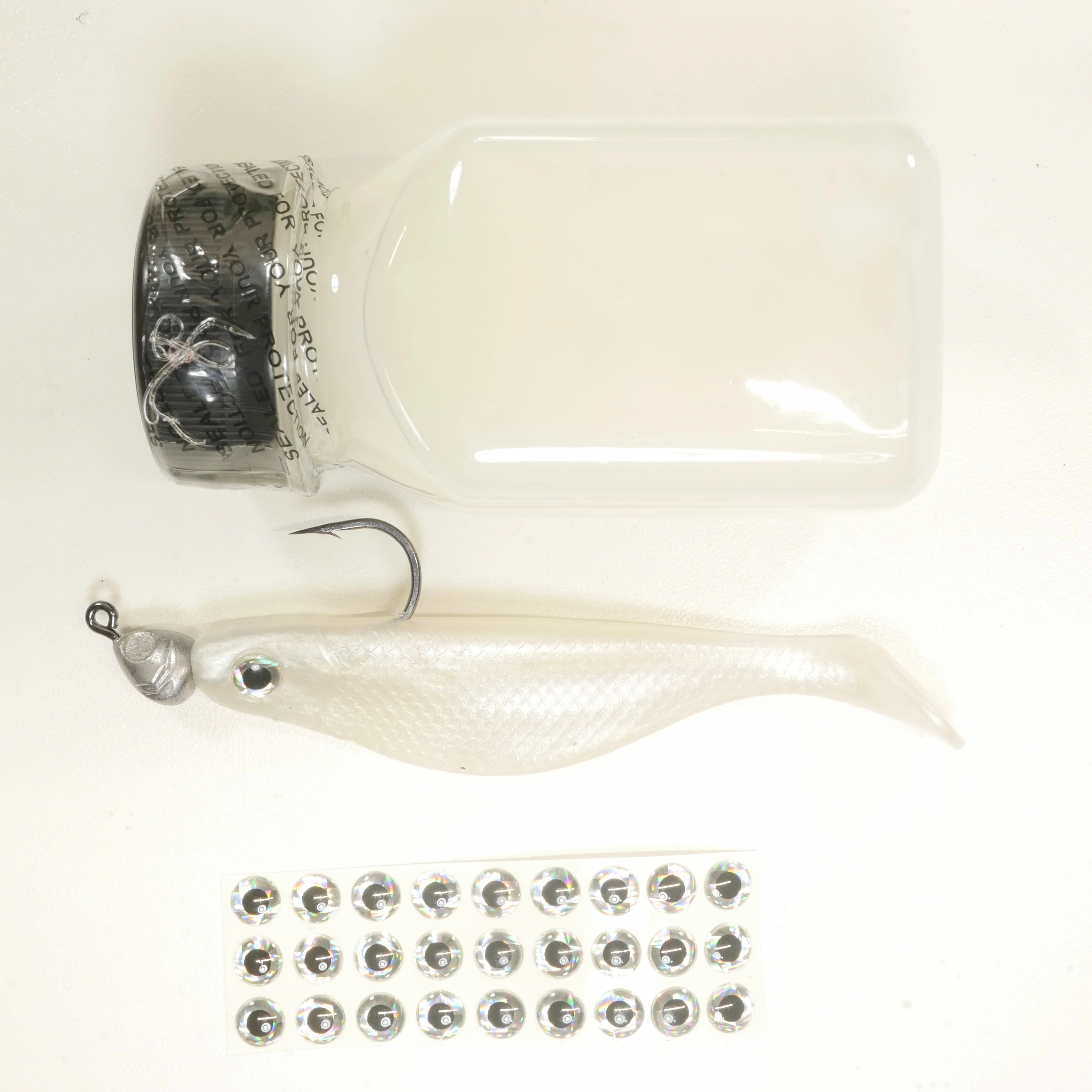 NEW (PEARL) 4" Paddletail Soft Plastic (qty 20 or 40)   AATB Jighead (qty 5 or 10)   Eye Pack   Eye Dip - COMBO PACK .  FREE SHIPPING.