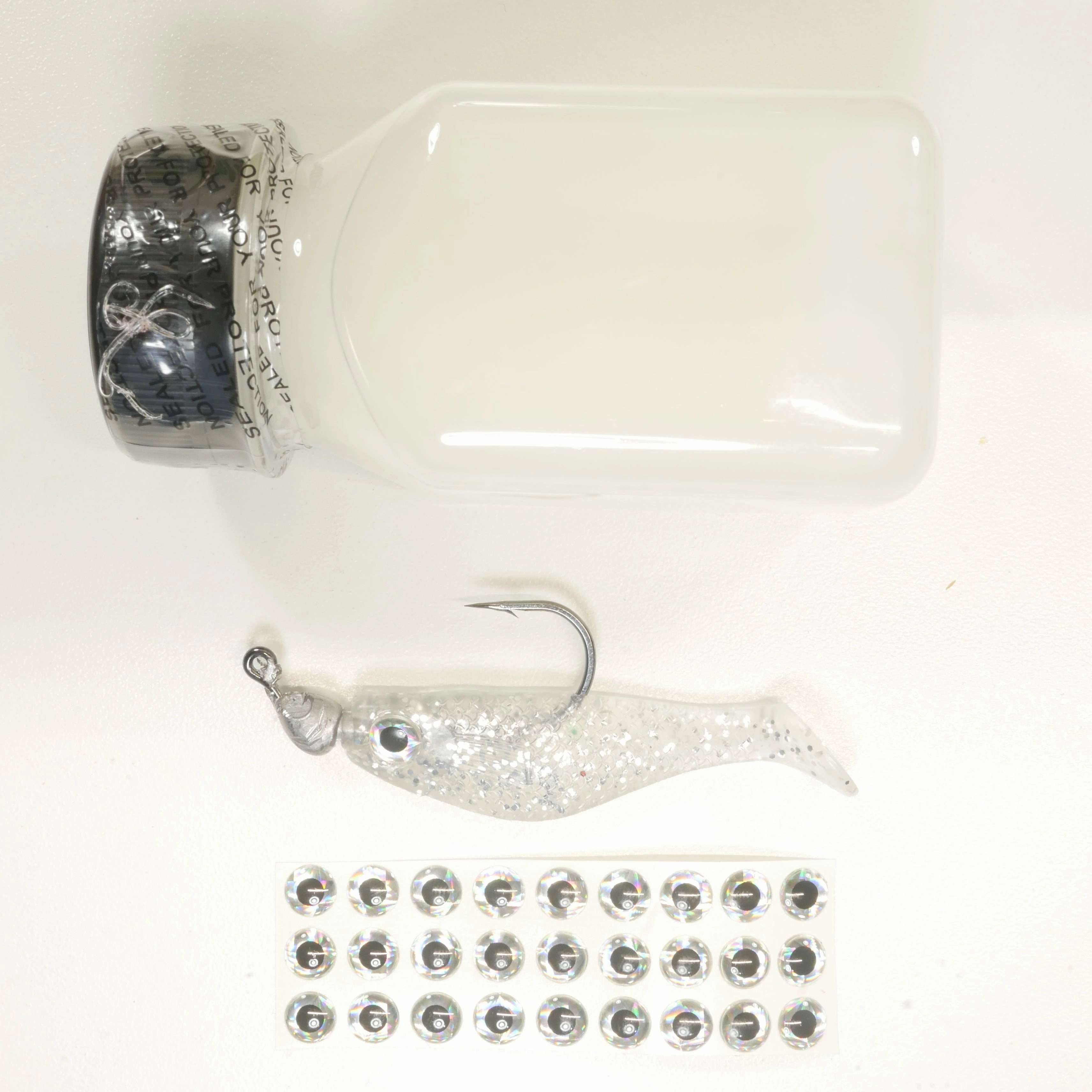 NEW (SILVER) 2 5/8" Paddletail Soft Plastic (qty 20 or 40)   AATB Jighead (qty 5 or 10)   Eye Pack   Eye Dip - COMBO PACK .  FREE SHIPPING.