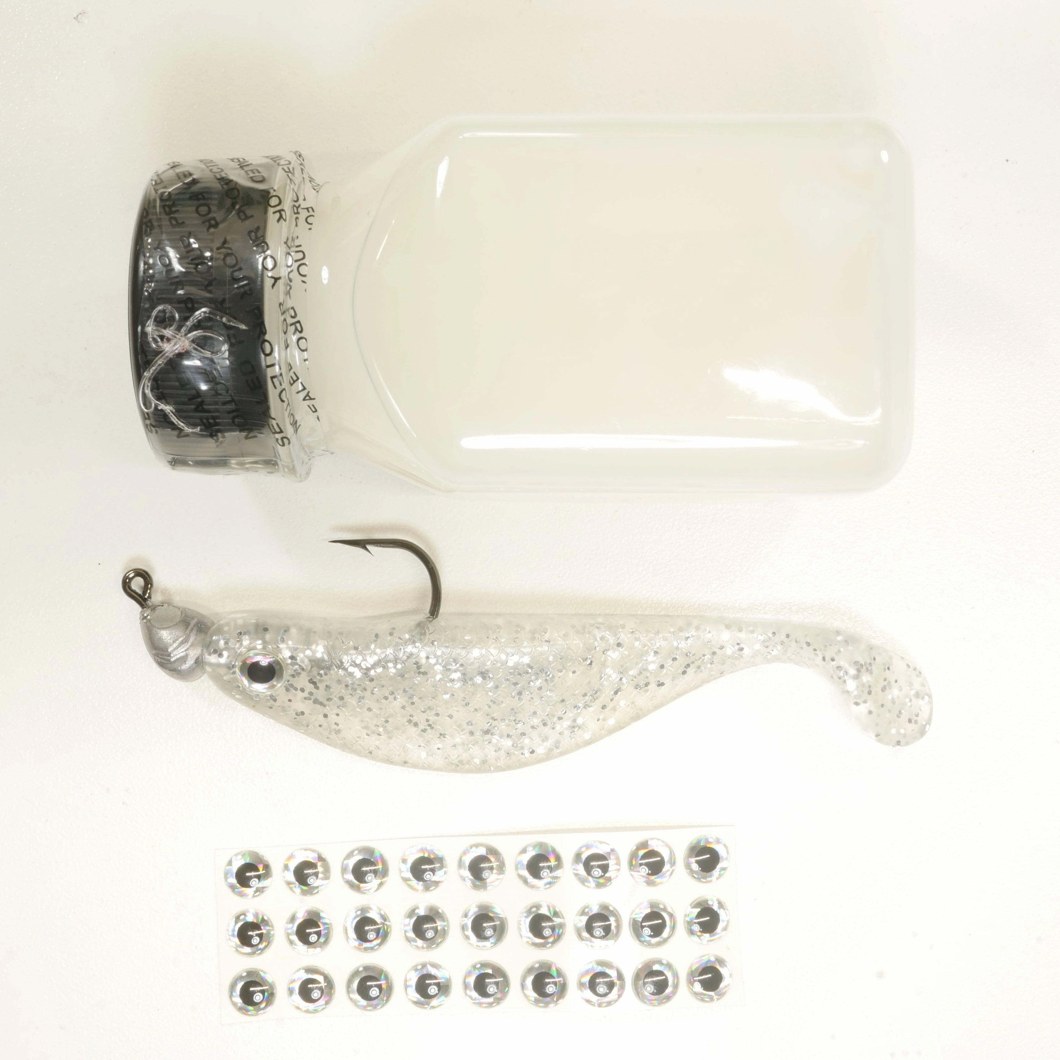 NEW (SILVER) 4" Paddletail Soft Plastic (qty 20 or 40)   AATB Jighead (qty 5 or 10)   Eye Pack   Eye Dip - COMBO PACK .  FREE SHIPPING.